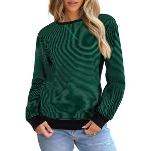 imageSHEWIN Womens Striped Sweatshirt Crewneck Casual Long Sleeve Pullover Tops Trendy 2025White and Dark Green Stripe