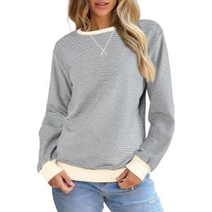 imageSHEWIN Womens Striped Sweatshirt Crewneck Casual Long Sleeve Pullover Tops Trendy 2025White and Gray Stripe