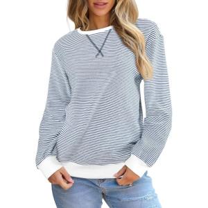 imageSHEWIN Womens Striped Sweatshirt Crewneck Casual Long Sleeve Pullover Tops Trendy 2025White and Navy Blue Stripe