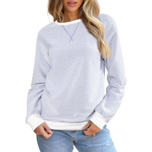 imageSHEWIN Womens Striped Sweatshirt Crewneck Casual Long Sleeve Pullover Tops Trendy 2025White and Purple Stripe