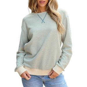 imageSHEWIN Womens Striped Sweatshirt Crewneck Casual Long Sleeve Pullover Tops Trendy 2025White and Yellow Stripe