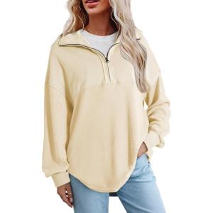 imageSHEWIN Womens Sweatshirt Casual Waffle Knit Half Zip Pullover Loose Long Sleeve Tops Fall Outfit ClothesBeige