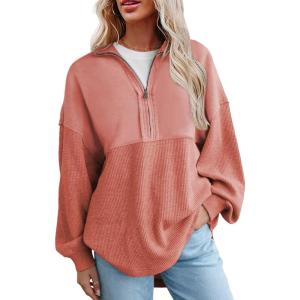 imageSHEWIN Womens Sweatshirt Casual Waffle Knit Half Zip Pullover Loose Long Sleeve Tops Fall Outfit ClothesBrick Red