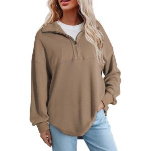 imageSHEWIN Womens Sweatshirt Casual Waffle Knit Half Zip Pullover Loose Long Sleeve Tops Fall Outfit ClothesCoffee