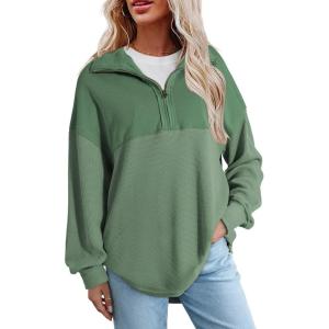 imageSHEWIN Womens Sweatshirt Casual Waffle Knit Half Zip Pullover Loose Long Sleeve Tops Fall Outfit ClothesGreen