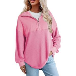 imageSHEWIN Womens Sweatshirt Casual Waffle Knit Half Zip Pullover Loose Long Sleeve Tops Fall Outfit ClothesHot Pink