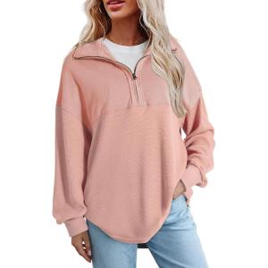 imageSHEWIN Womens Sweatshirt Casual Waffle Knit Half Zip Pullover Loose Long Sleeve Tops Fall Outfit ClothesLight Pink