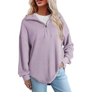 imageSHEWIN Womens Sweatshirt Casual Waffle Knit Half Zip Pullover Loose Long Sleeve Tops Fall Outfit ClothesLight Purple