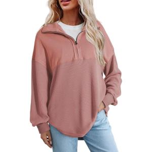 imageSHEWIN Womens Sweatshirt Casual Waffle Knit Half Zip Pullover Loose Long Sleeve Tops Fall Outfit ClothesPink