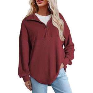 imageSHEWIN Womens Sweatshirt Casual Waffle Knit Half Zip Pullover Loose Long Sleeve Tops Fall Outfit ClothesRed