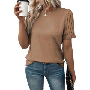 imageSHEWIN Womens Short Sleeve Summer Tops Crewneck Knit Solid Loose Casual Basic T Shirts Tee BlousesKhaki