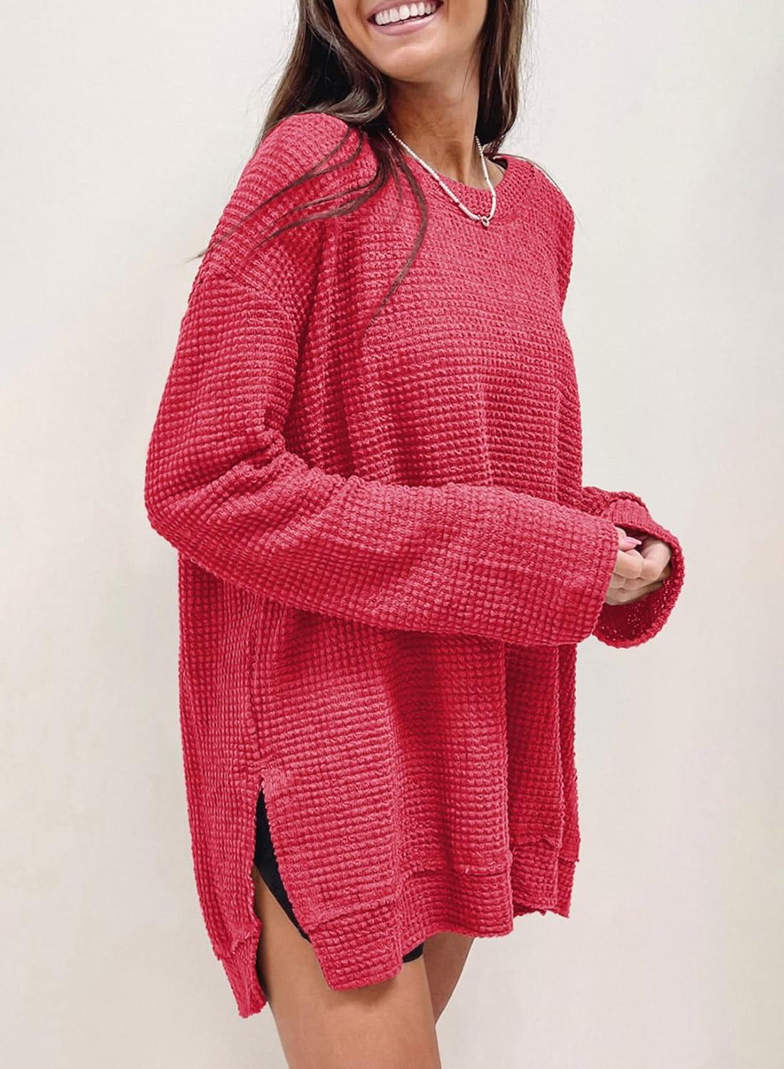 imageSHEWIN Long Sleeve Shirts For Women Oversized Sweatshirt Crewneck Waffle Knit Fall Tops for Women 20251 Red