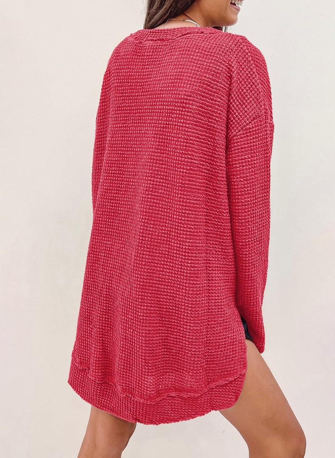 imageSHEWIN Long Sleeve Shirts For Women Oversized Sweatshirt Crewneck Waffle Knit Fall Tops for Women 20251 Red