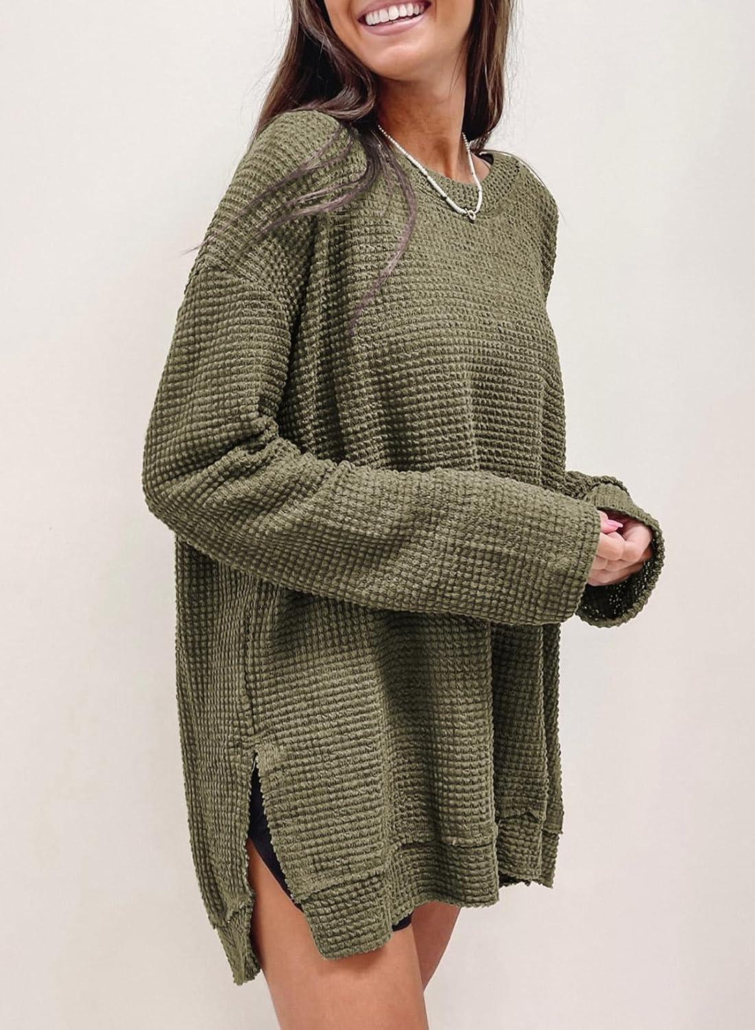 imageSHEWIN Long Sleeve Shirts For Women Oversized Sweatshirt Crewneck Waffle Knit Fall Tops for Women 20252 Green