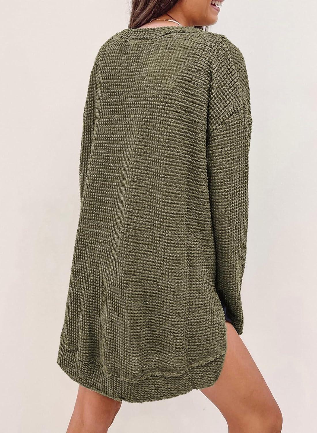 imageSHEWIN Long Sleeve Shirts For Women Oversized Sweatshirt Crewneck Waffle Knit Fall Tops for Women 20252 Green