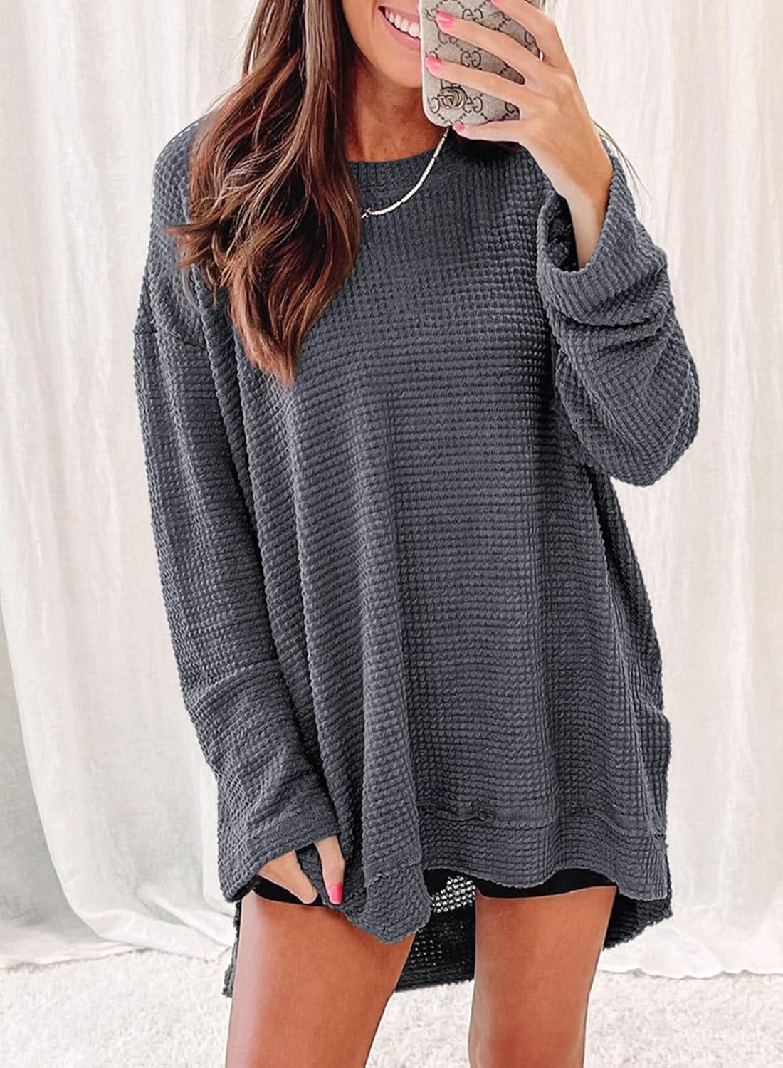 imageSHEWIN Long Sleeve Shirts For Women Oversized Sweatshirt Crewneck Waffle Knit Fall Tops for Women 20253 Gray