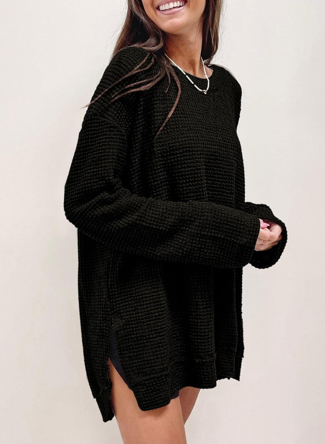 imageSHEWIN Long Sleeve Shirts For Women Oversized Sweatshirt Crewneck Waffle Knit Fall Tops for Women 20254 Black