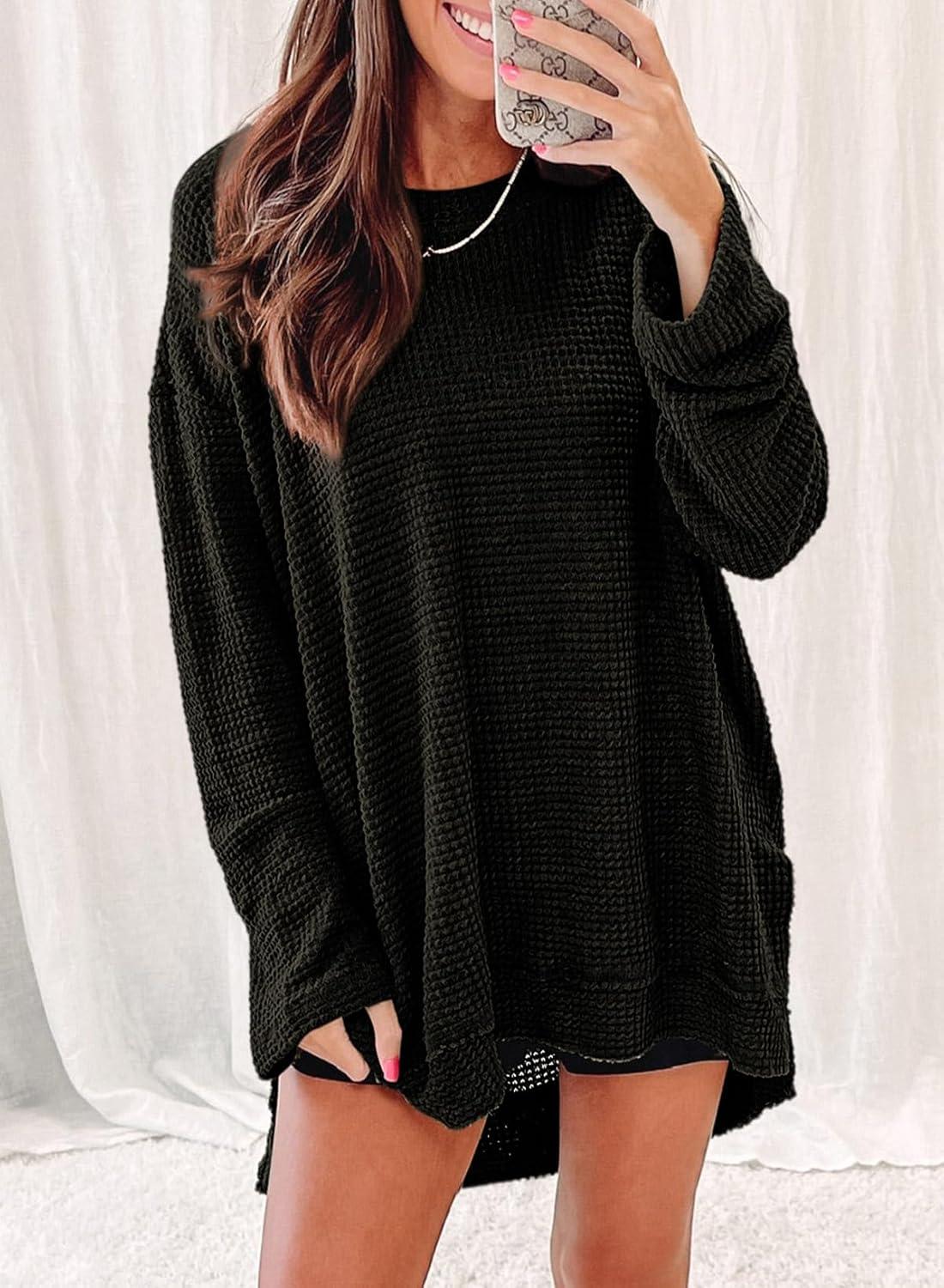 imageSHEWIN Long Sleeve Shirts For Women Oversized Sweatshirt Crewneck Waffle Knit Fall Tops for Women 20254 Black