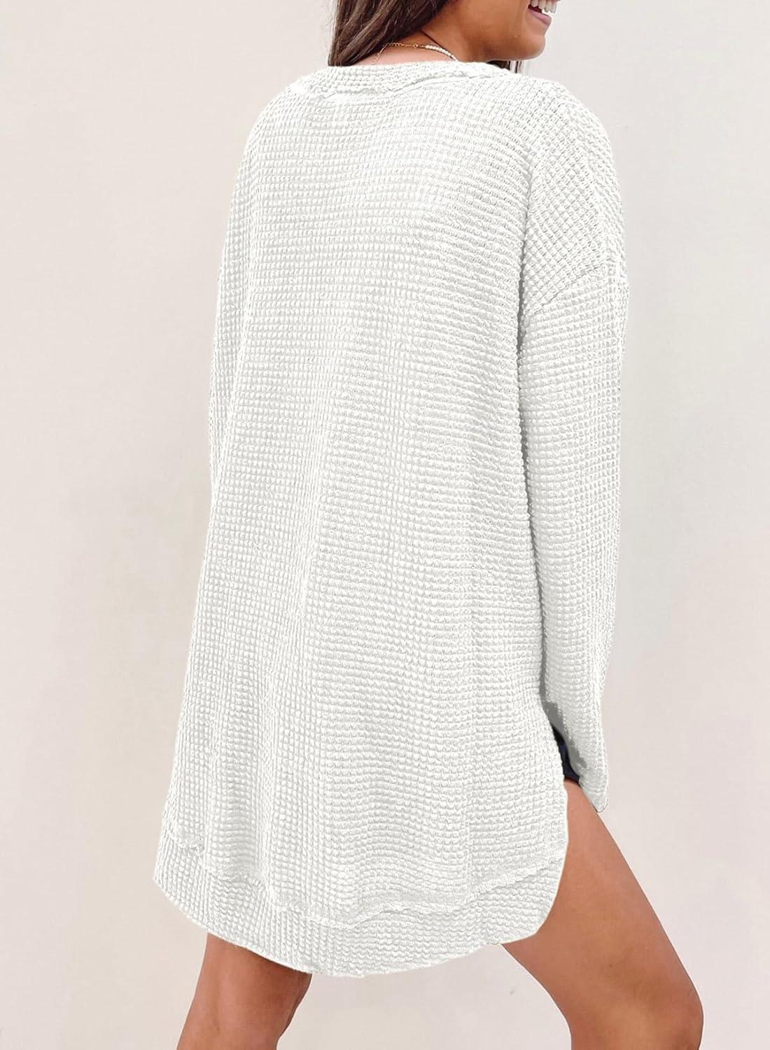 imageSHEWIN Long Sleeve Shirts For Women Oversized Sweatshirt Crewneck Waffle Knit Fall Tops for Women 20255 White