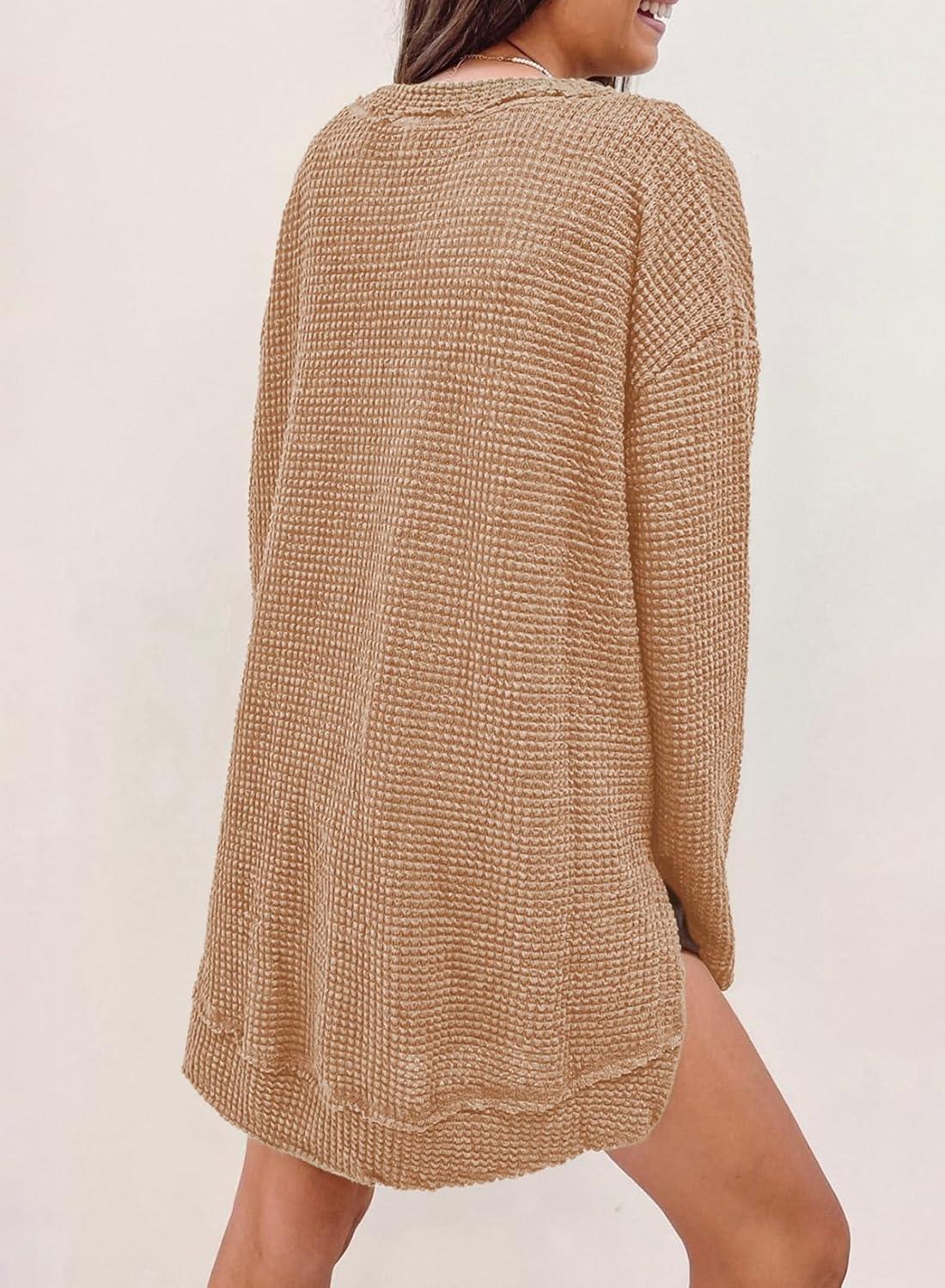 imageSHEWIN Long Sleeve Shirts For Women Oversized Sweatshirt Crewneck Waffle Knit Fall Tops for Women 20256 Khaki
