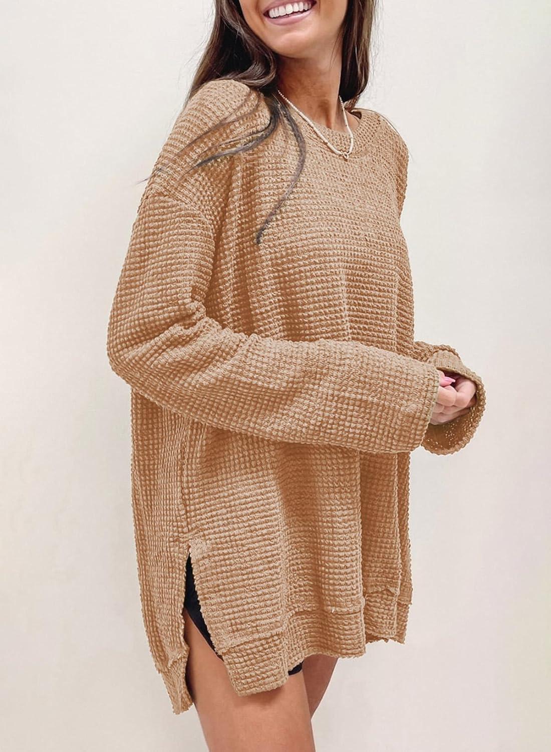 imageSHEWIN Long Sleeve Shirts For Women Oversized Sweatshirt Crewneck Waffle Knit Fall Tops for Women 20256 Khaki