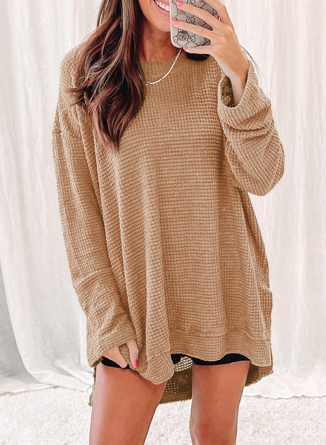 imageSHEWIN Long Sleeve Shirts For Women Oversized Sweatshirt Crewneck Waffle Knit Fall Tops for Women 20256 Khaki