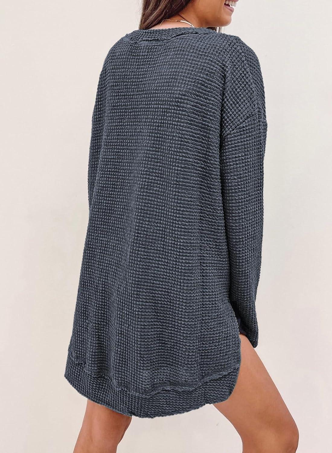 imageSHEWIN Long Sleeve Shirts For Women Oversized Sweatshirt Crewneck Waffle Knit Fall Tops for Women 20257 Dark Grey