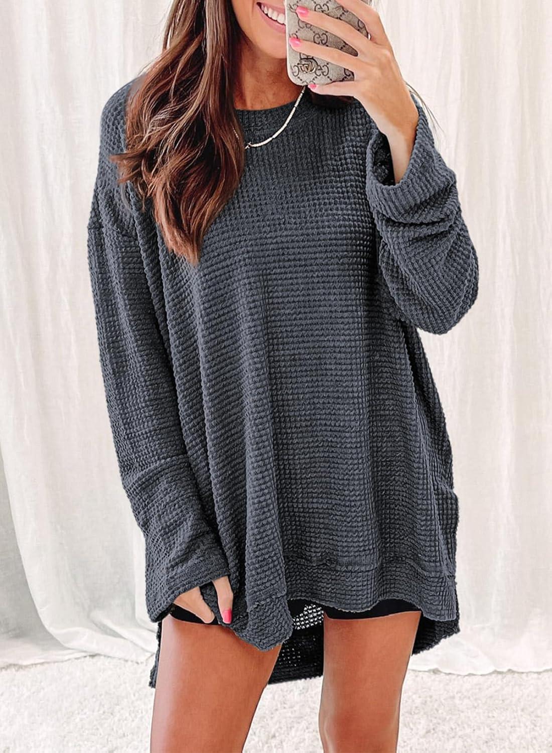 imageSHEWIN Long Sleeve Shirts For Women Oversized Sweatshirt Crewneck Waffle Knit Fall Tops for Women 20257 Dark Grey