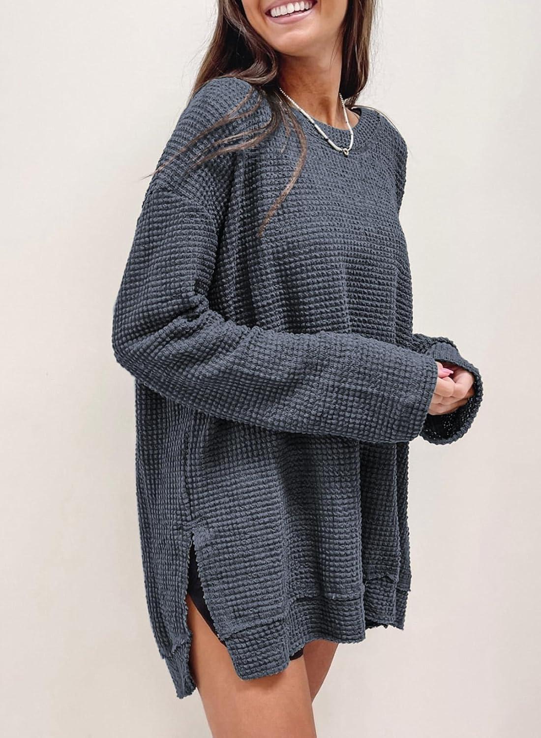imageSHEWIN Long Sleeve Shirts For Women Oversized Sweatshirt Crewneck Waffle Knit Fall Tops for Women 20257 Dark Grey