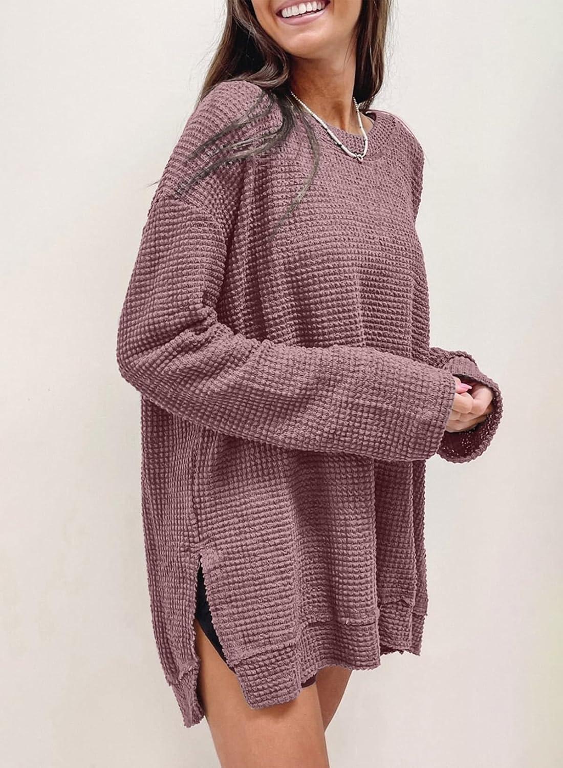imageSHEWIN Long Sleeve Shirts For Women Oversized Sweatshirt Crewneck Waffle Knit Fall Tops for Women 20258 Chicory Coffee
