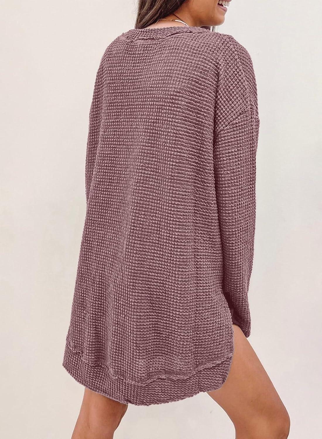 imageSHEWIN Long Sleeve Shirts For Women Oversized Sweatshirt Crewneck Waffle Knit Fall Tops for Women 20258 Chicory Coffee
