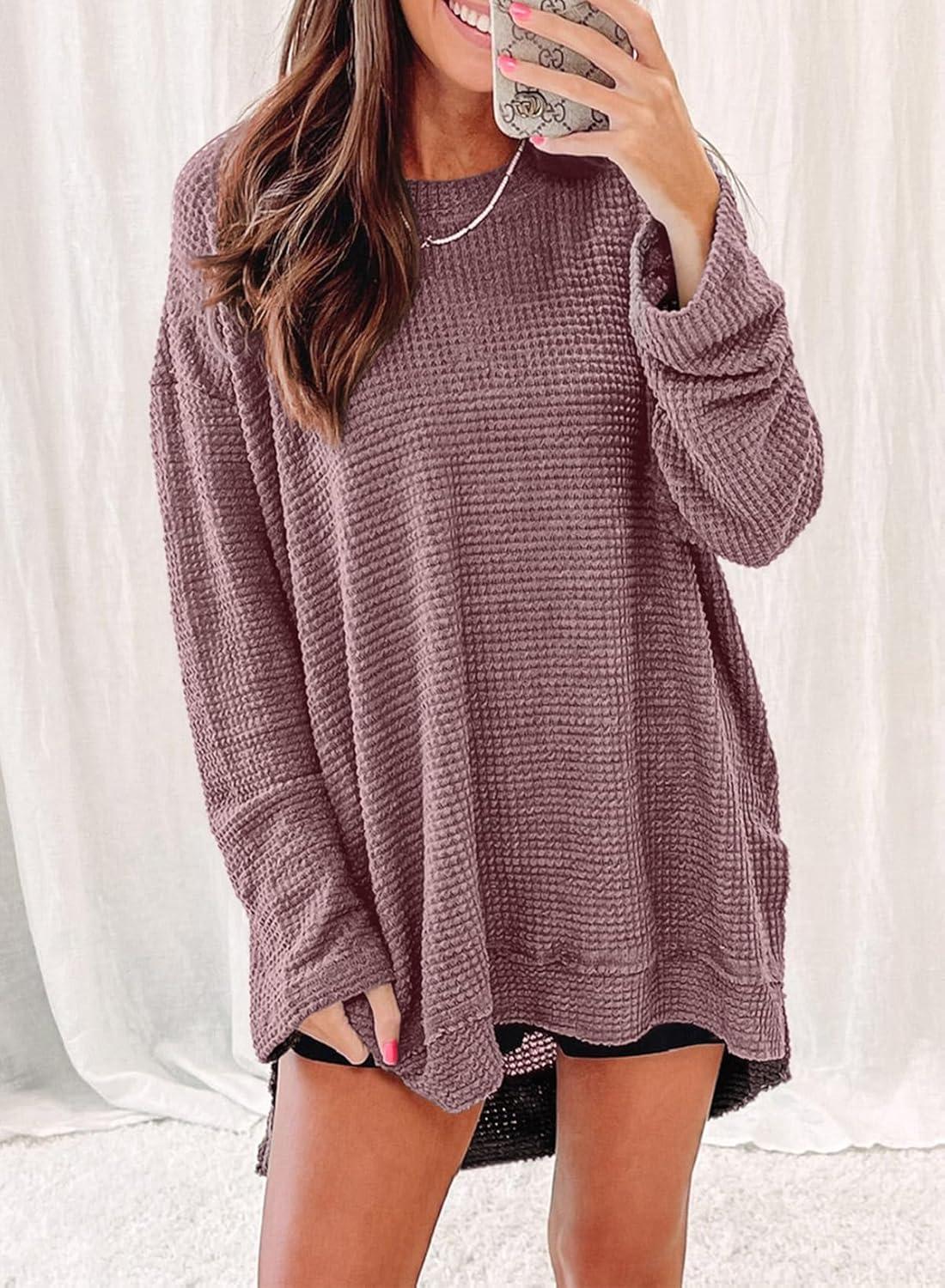 imageSHEWIN Long Sleeve Shirts For Women Oversized Sweatshirt Crewneck Waffle Knit Fall Tops for Women 20258 Chicory Coffee