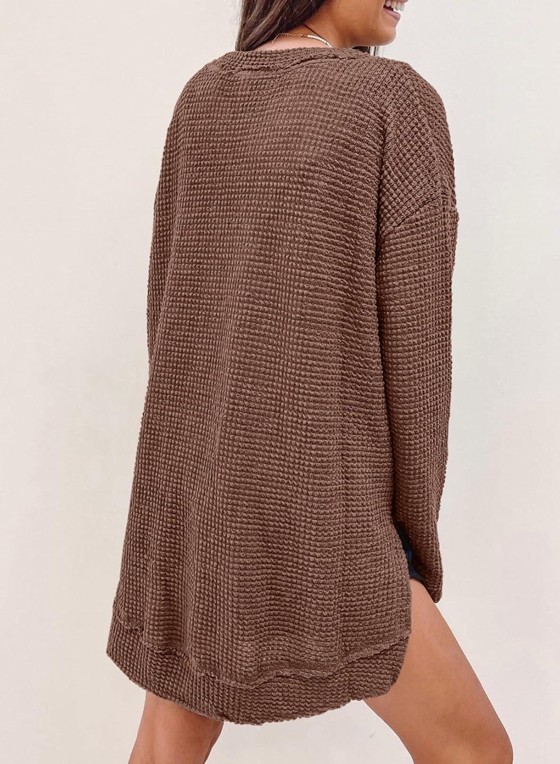 imageSHEWIN Long Sleeve Shirts For Women Oversized Sweatshirt Crewneck Waffle Knit Fall Tops for Women 20259 Coffee