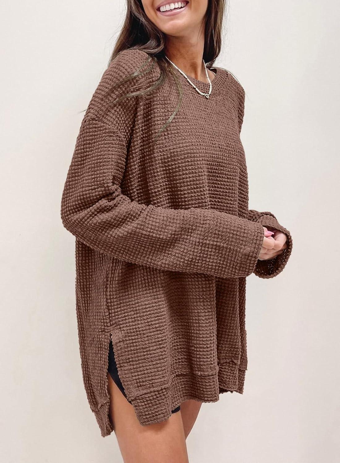 imageSHEWIN Long Sleeve Shirts For Women Oversized Sweatshirt Crewneck Waffle Knit Fall Tops for Women 20259 Coffee