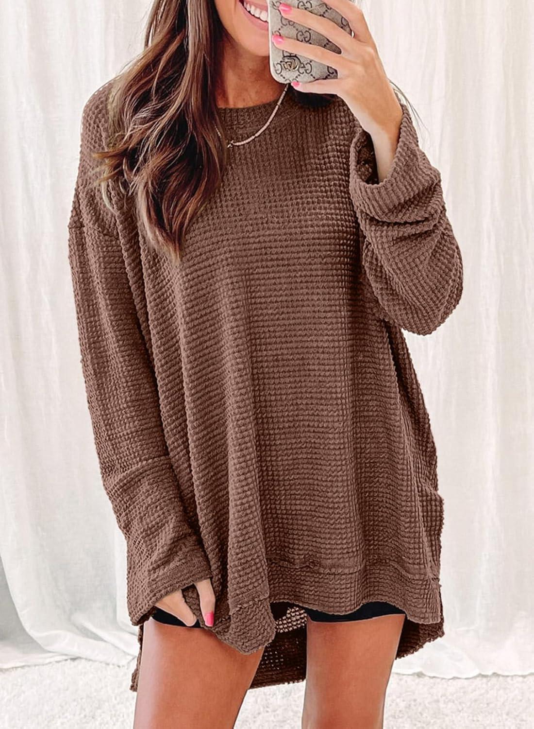 imageSHEWIN Long Sleeve Shirts For Women Oversized Sweatshirt Crewneck Waffle Knit Fall Tops for Women 20259 Coffee