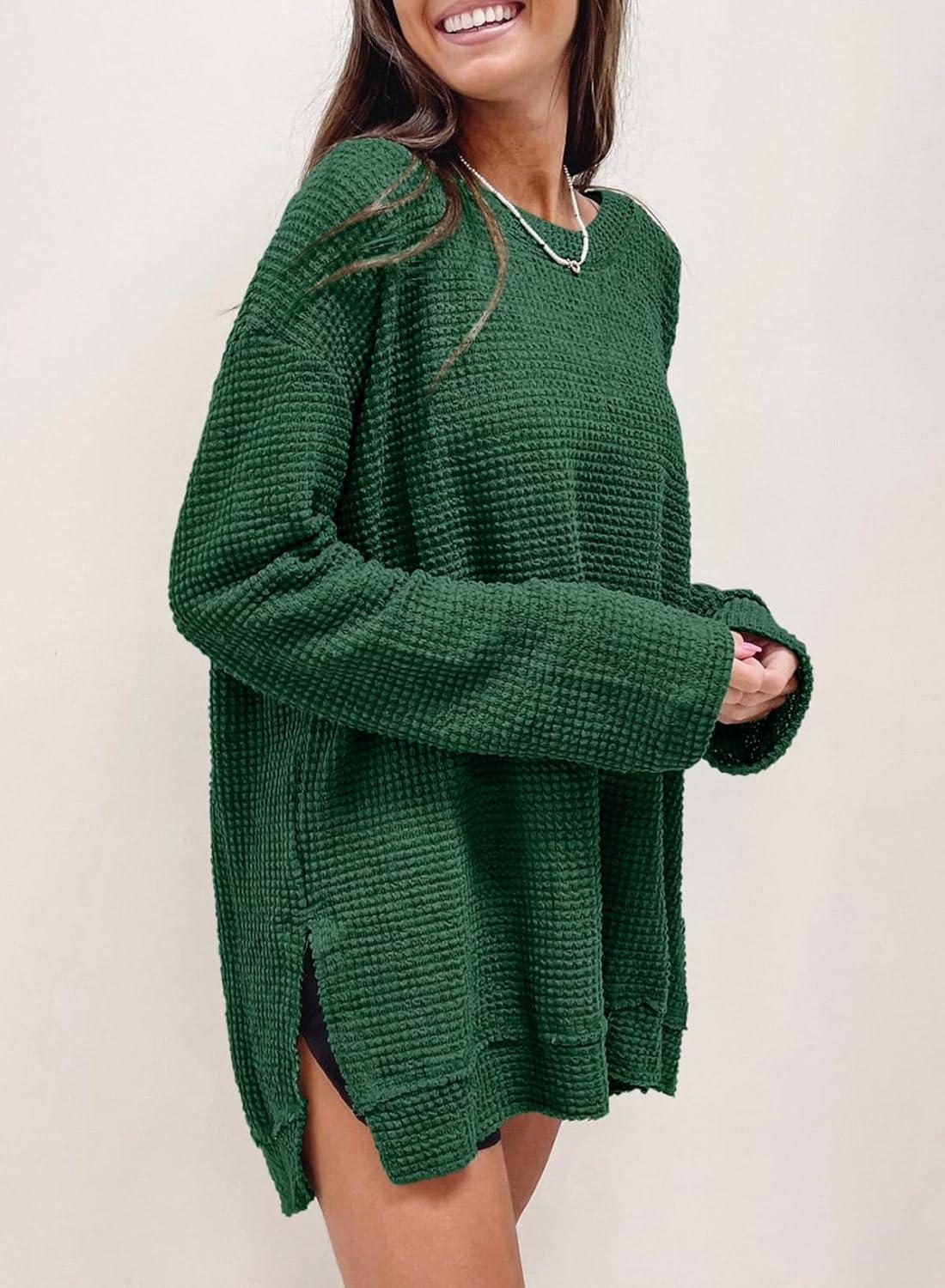 imageSHEWIN Long Sleeve Shirts For Women Oversized Sweatshirt Crewneck Waffle Knit Fall Tops for Women 20259 Dark Green