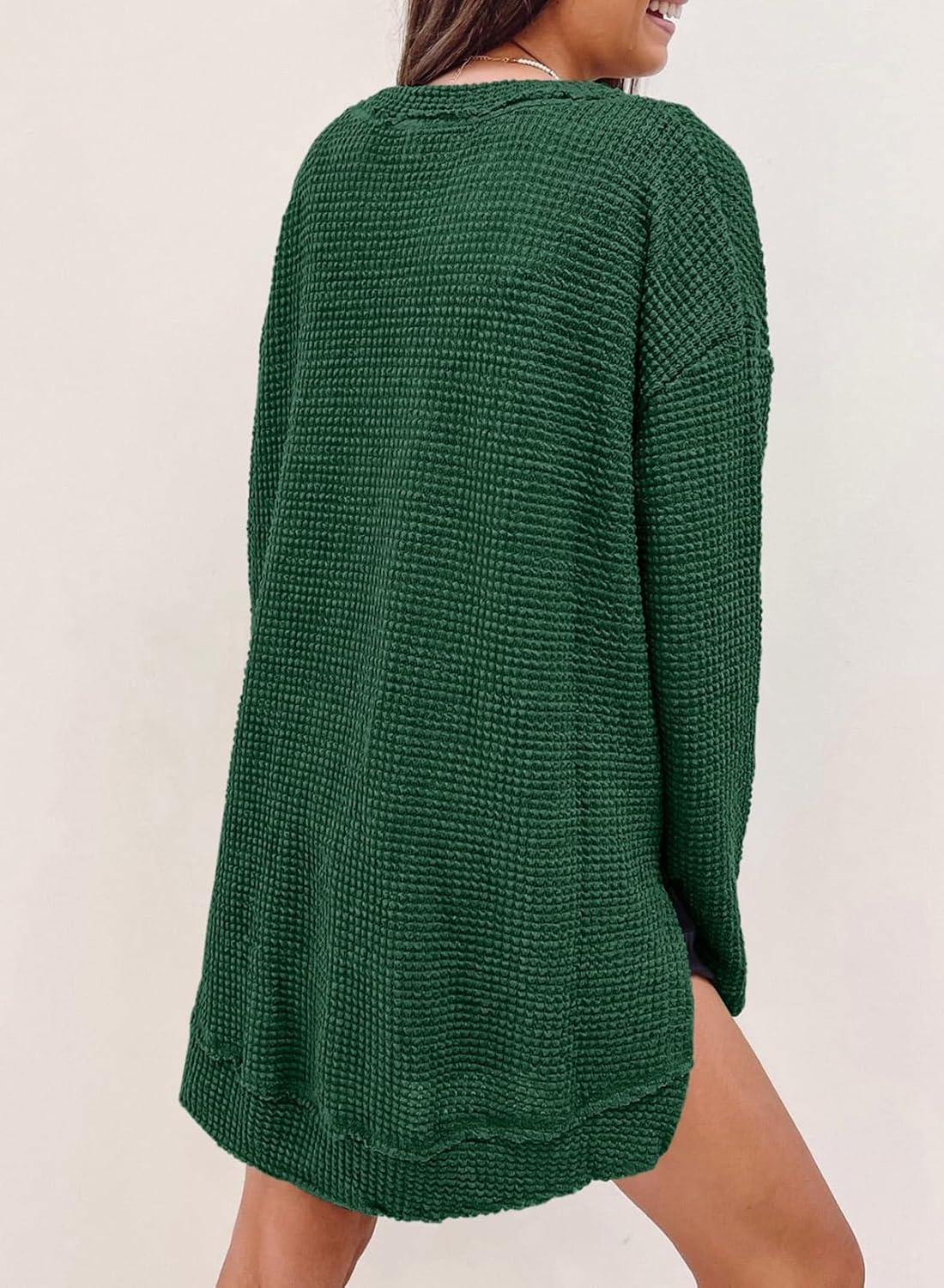 imageSHEWIN Long Sleeve Shirts For Women Oversized Sweatshirt Crewneck Waffle Knit Fall Tops for Women 20259 Dark Green