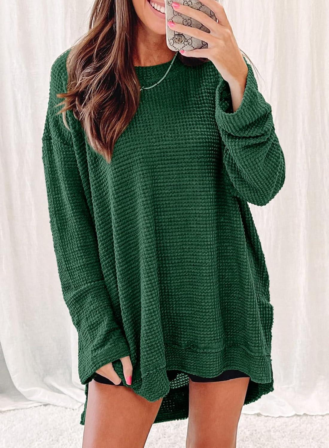 imageSHEWIN Long Sleeve Shirts For Women Oversized Sweatshirt Crewneck Waffle Knit Fall Tops for Women 20259 Dark Green