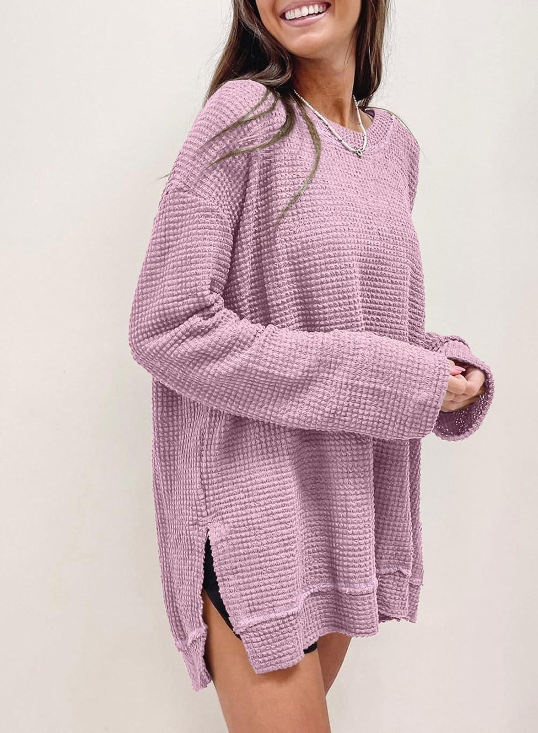 imageSHEWIN Long Sleeve Shirts For Women Oversized Sweatshirt Crewneck Waffle Knit Fall Tops for Women 20259 Light Purple