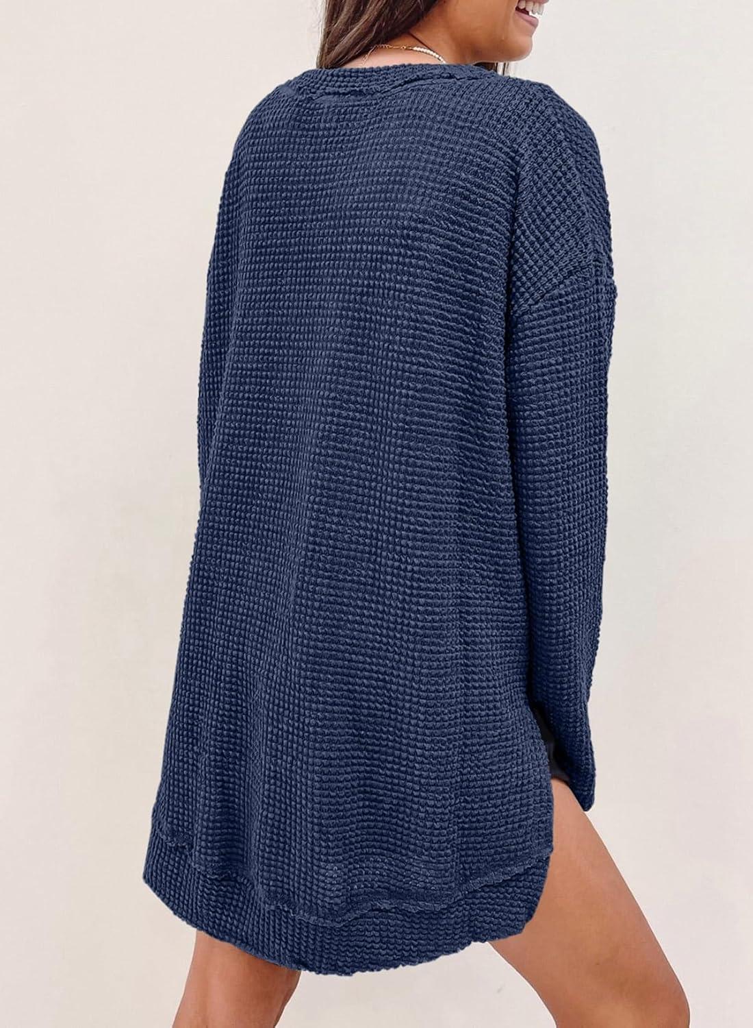 imageSHEWIN Long Sleeve Shirts For Women Oversized Sweatshirt Crewneck Waffle Knit Fall Tops for Women 20259 Navy Blue