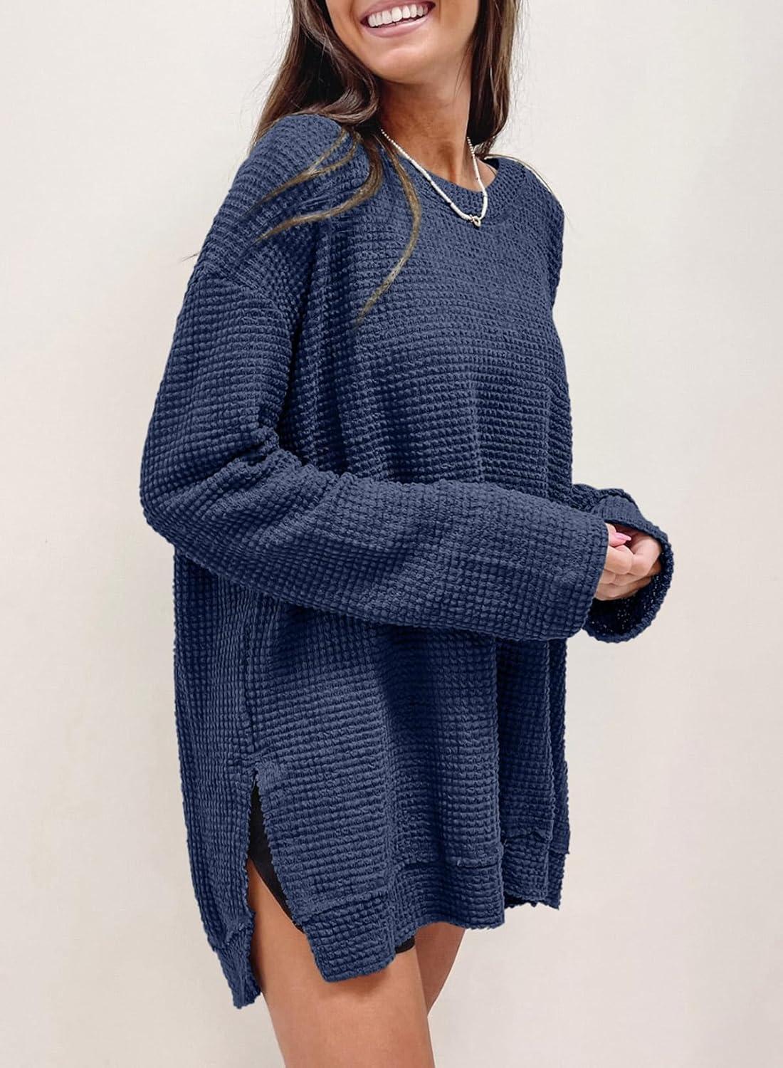 imageSHEWIN Long Sleeve Shirts For Women Oversized Sweatshirt Crewneck Waffle Knit Fall Tops for Women 20259 Navy Blue