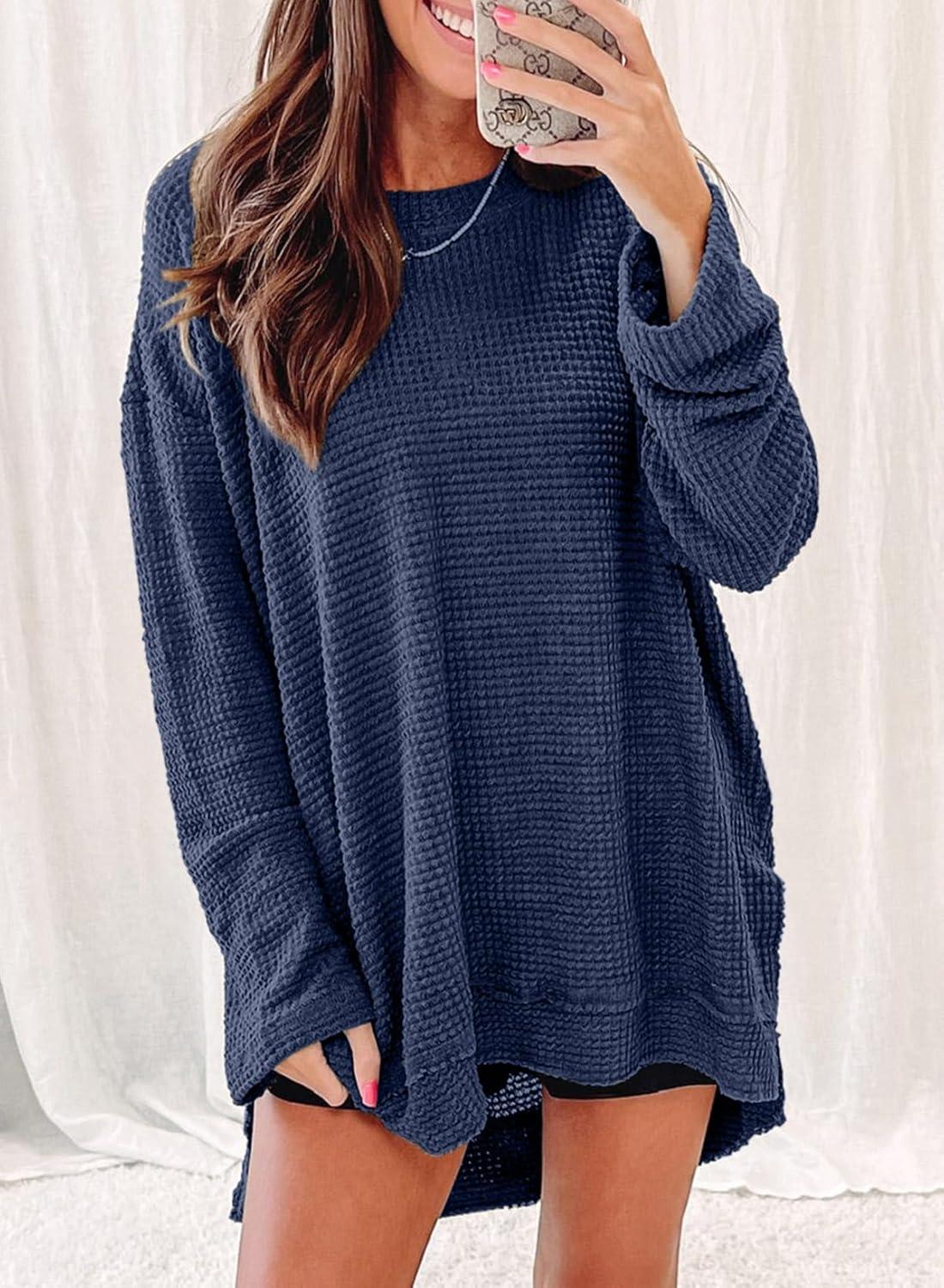 imageSHEWIN Long Sleeve Shirts For Women Oversized Sweatshirt Crewneck Waffle Knit Fall Tops for Women 20259 Navy Blue