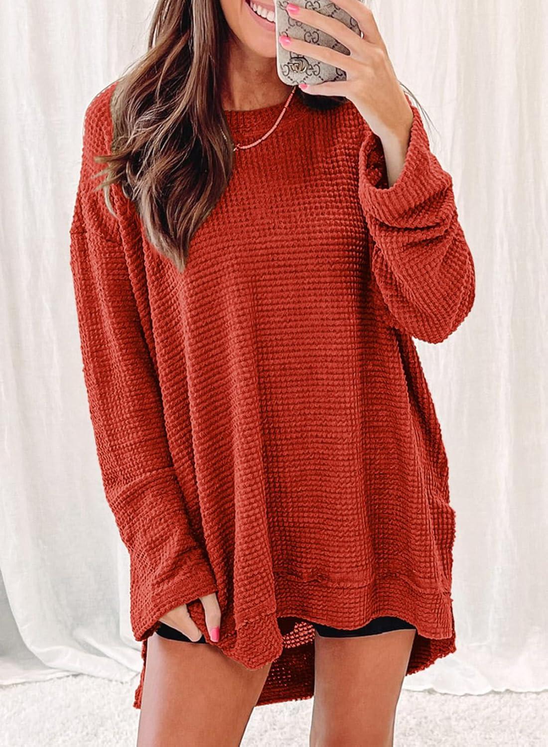 imageSHEWIN Long Sleeve Shirts For Women Oversized Sweatshirt Crewneck Waffle Knit Fall Tops for Women 20259 Orange