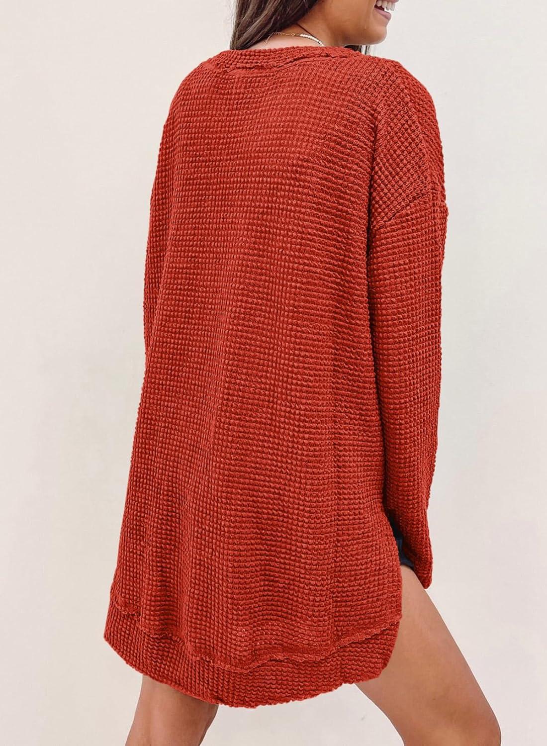 imageSHEWIN Long Sleeve Shirts For Women Oversized Sweatshirt Crewneck Waffle Knit Fall Tops for Women 20259 Orange