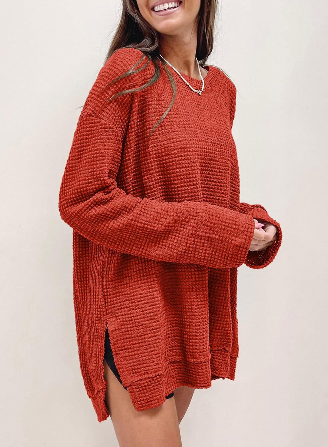 imageSHEWIN Long Sleeve Shirts For Women Oversized Sweatshirt Crewneck Waffle Knit Fall Tops for Women 20259 Orange