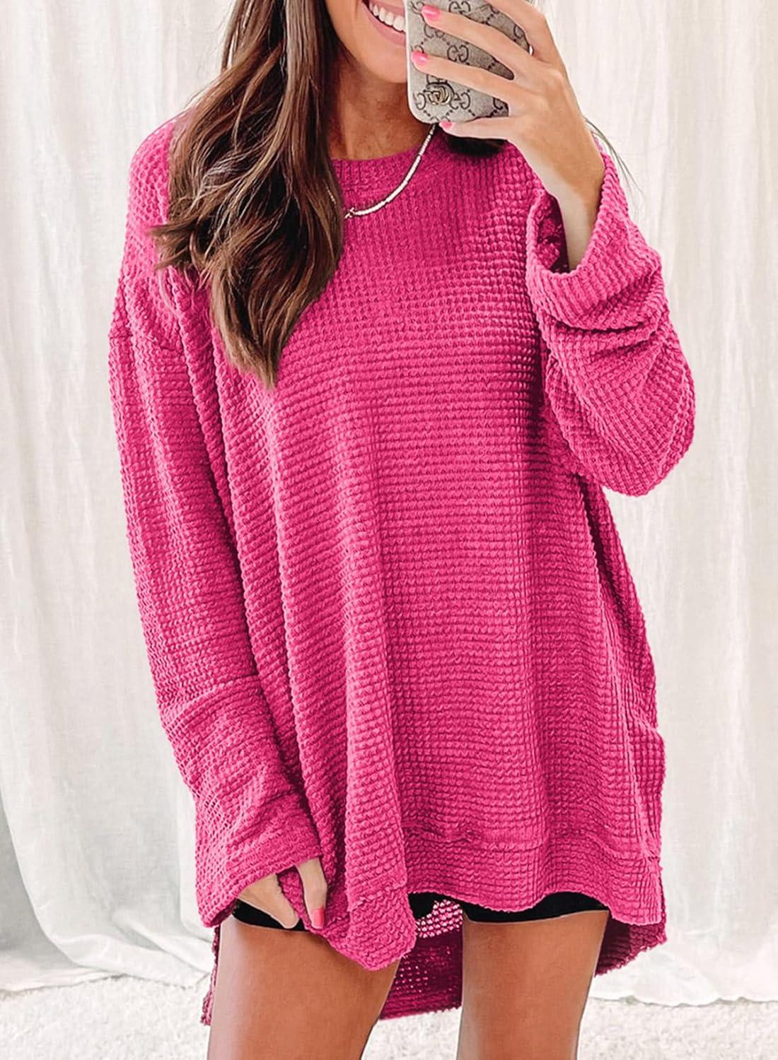 imageSHEWIN Long Sleeve Shirts For Women Oversized Sweatshirt Crewneck Waffle Knit Fall Tops for Women 20259 Rose Red