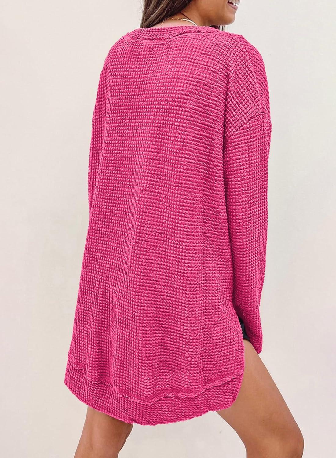imageSHEWIN Long Sleeve Shirts For Women Oversized Sweatshirt Crewneck Waffle Knit Fall Tops for Women 20259 Rose Red