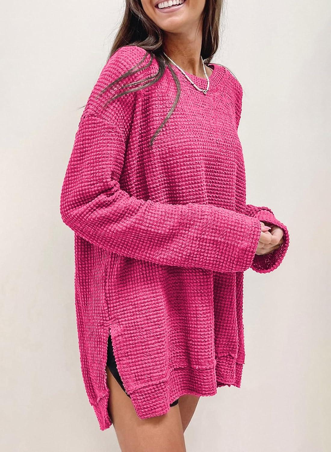 imageSHEWIN Long Sleeve Shirts For Women Oversized Sweatshirt Crewneck Waffle Knit Fall Tops for Women 20259 Rose Red