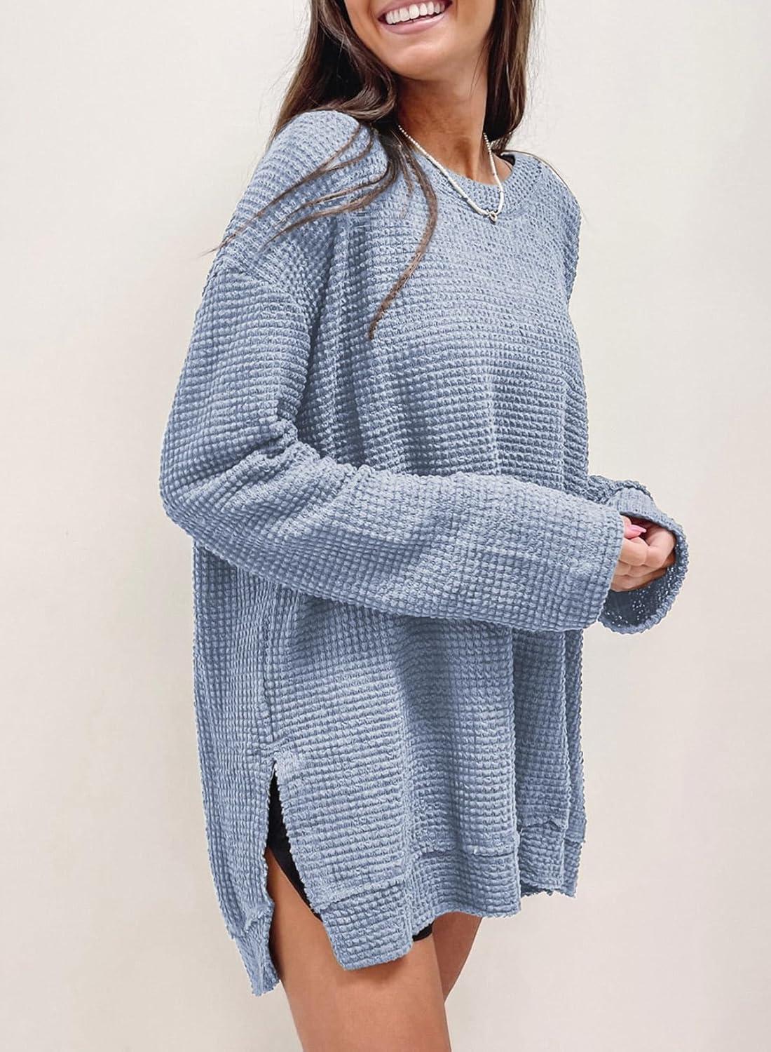 imageSHEWIN Long Sleeve Shirts For Women Oversized Sweatshirt Crewneck Waffle Knit Fall Tops for Women 20259 Sky Blue