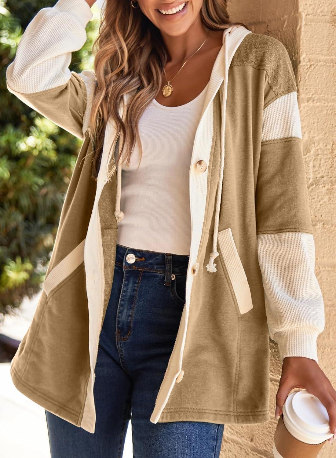 imageSHEWIN Oversized Sweatshirt For Women Casual Long Sleeve Button Down Hoodies Womens Fall Fashion 2025Light French Beige